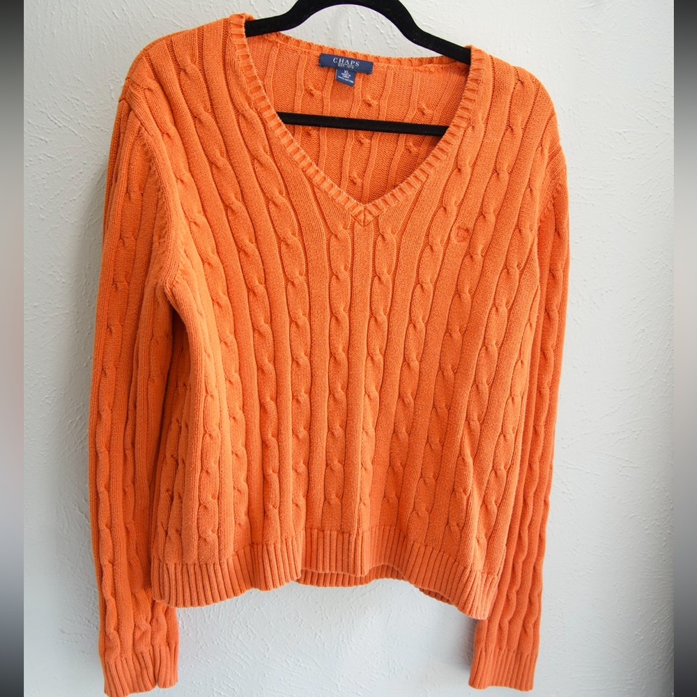Chaps Orange V-Neck Cable Knit Sweater Fall Festive preppy